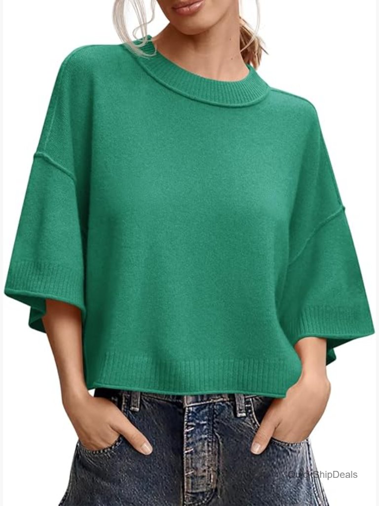 Lightweight Knit Short Sleeve Sweater, Oversized Cropped Crewneck Pullover